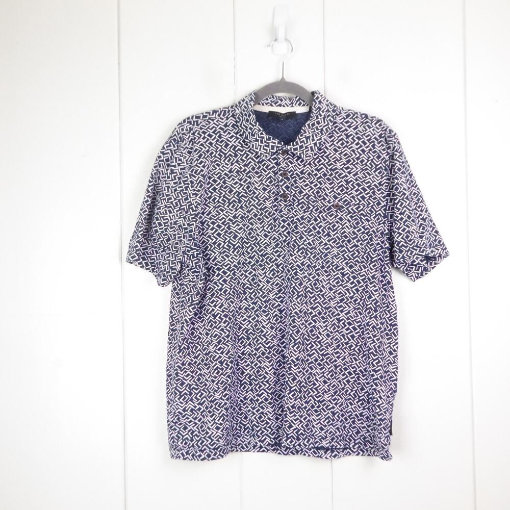 Ted Baker Shirt Mens SZ 5 US XL Polo Short Sleeve Geometric Abstract Preppy